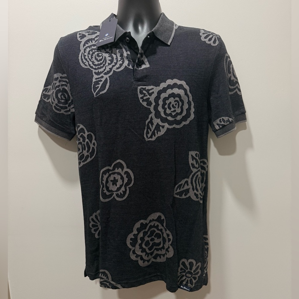 Ben Sherman Black and Gray Floral Polo Shirt
